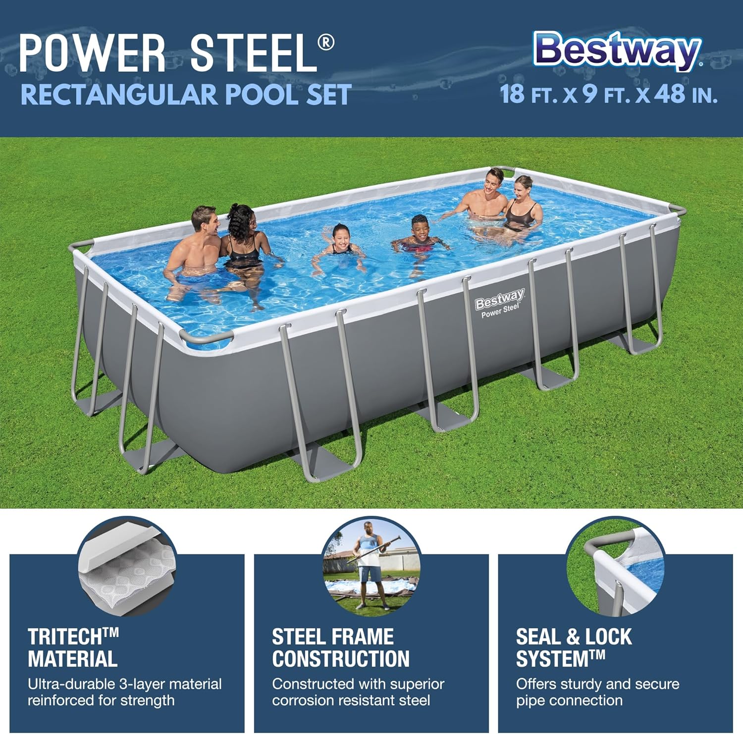 Bestway Power Steel 18' x 9' x 48" Rectangular Above Ground Swimming Pool Set Metal Frame Family Pool with Sand Filter Pump, Skimmer, and Vacuum,White