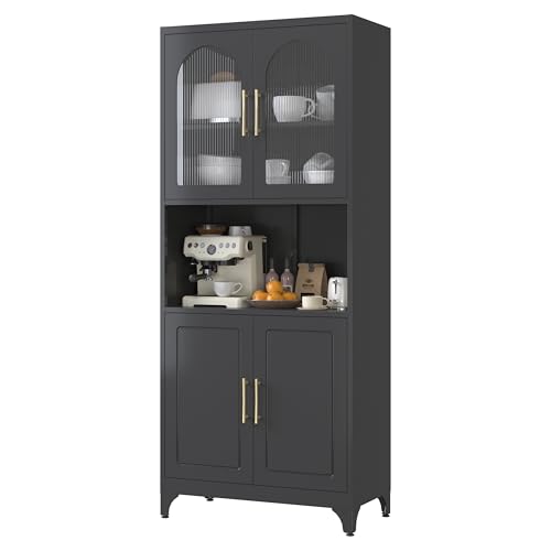 Kitchen Pantry Cabinet with Acrylic Glass Doors, 75" Metal Kitchen Hutch with Countertop, Adjustable Shelves, Freestanding Food Pantry Cabinet for Living, Dining Room, Black, Assembly Required