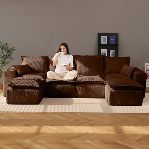 107" Comfy Cloud Couch with L-Shape Chaise & Deep Seat, Modular Sectional Sofa in a Box, Boneless Upholstered Couches for Living Room, No Assembly Required (Soft Corduroy, Black)