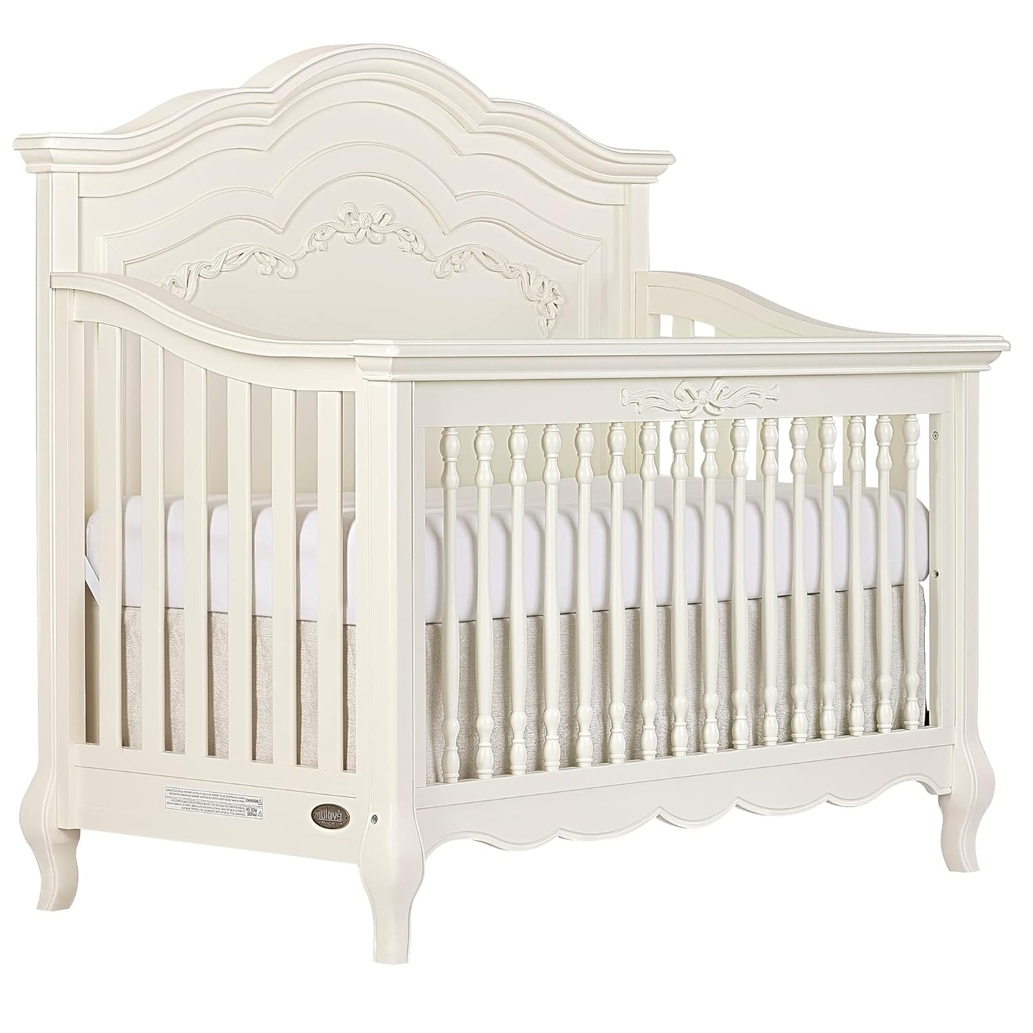 Evolur Aurora 5-in-1 Convertible Crib and Change Tray Set for Nursery Furniture Collection, Features Intricate Ribbon Bow Scrollwork