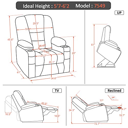 MCombo Small Power Lift Recliner Chair with Massage and Heat for Petite People, Cup Holders, USB Ports, Side Pockets, Fabric 7569 (Small-Regular, Brown)
