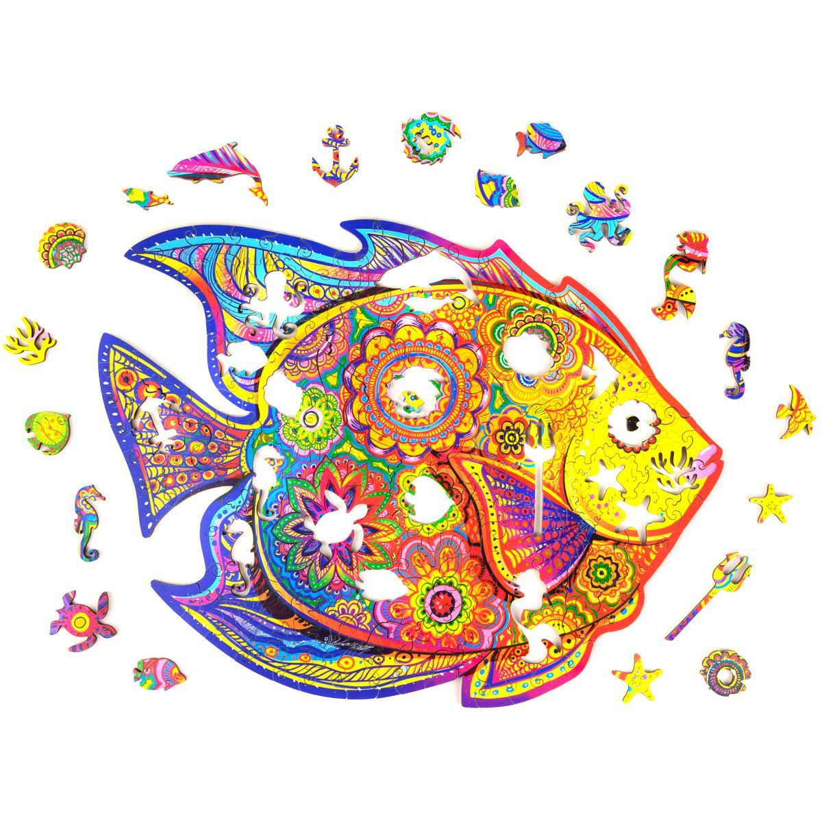 Unidragon Wooden Jigsaw Puzzle, Best Gift for Adults and Kids, Unique Shape Jigsaw Pieces Shining Fish, 12.6 x 9.6 in (32 x 24 c