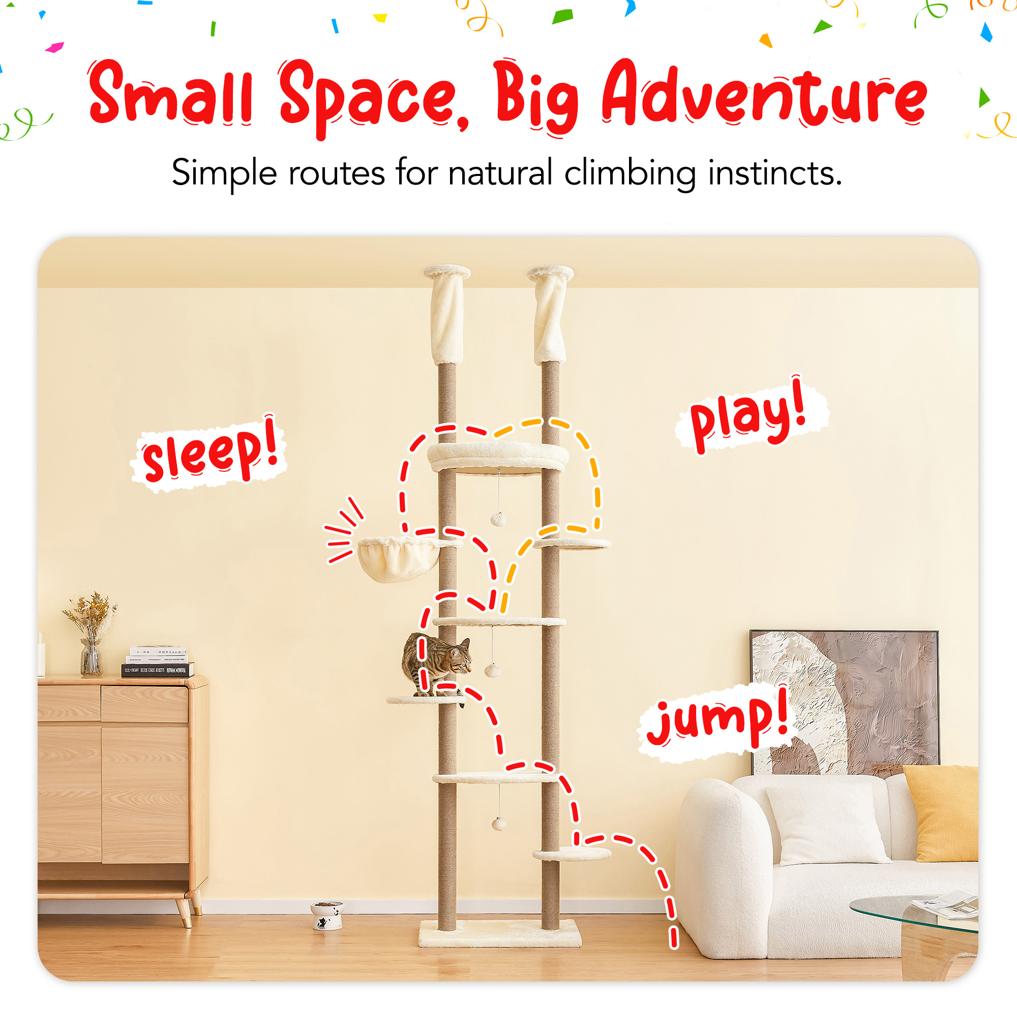 Furcato 92.1"-101.6" Adjustable Height Cat Tree, Floor to Ceiling Cat Tower, 7 Tiers Cat Climbing Tree with Hammock, Fully Sisal Scratching Posts for Indoor Cats, Beige