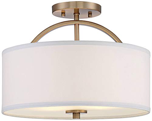 Possini Euro Design Halsted Modern Industrial Close to Ceiling Light Semi Flush Mount Fixture 15" Wide Warm Brass Gold White Linen Drum Shade for Bedroom Kitchen Living Room Hallway Bathroom