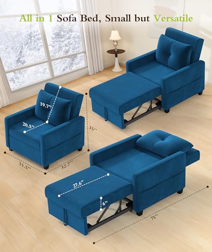 Sleeper Sofa Chair, 3 in 1 Convertible Sleeper Chair with Adjustable Backrest, 32" Pull Out Couch Bed 400lbs Support, Comfy Velvet Small Sofa Bed for Small Space with Pillow & 2 Pockets, Blue
