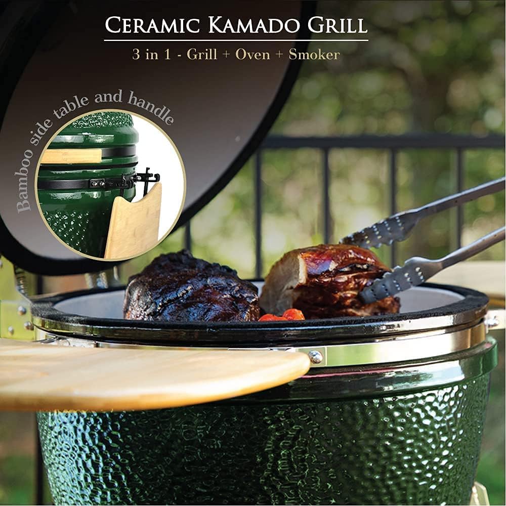 Humos - 21” Large Ceramic Kamado, Grill Cooker + Oven + Smoker (With Trolley, Wheels and Cast Iron Vent) Cooking Area 268 Sq Inches, Red