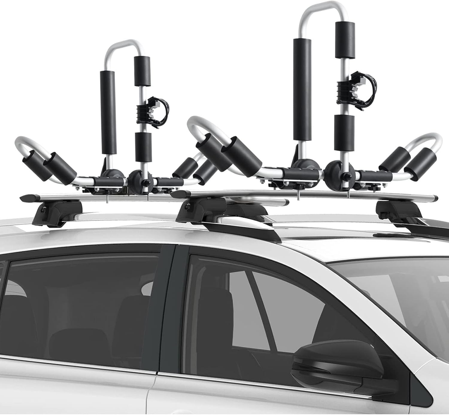 Elevens Kayak Roof Carrier Rack 4-in-1 J-Style Folding Adjustable Bilateral on Roof Top on SUV, Car and Truck with Paddle Holder for Surf, Ski Roof, Canoe, SUP, Kayaks, Surfboard