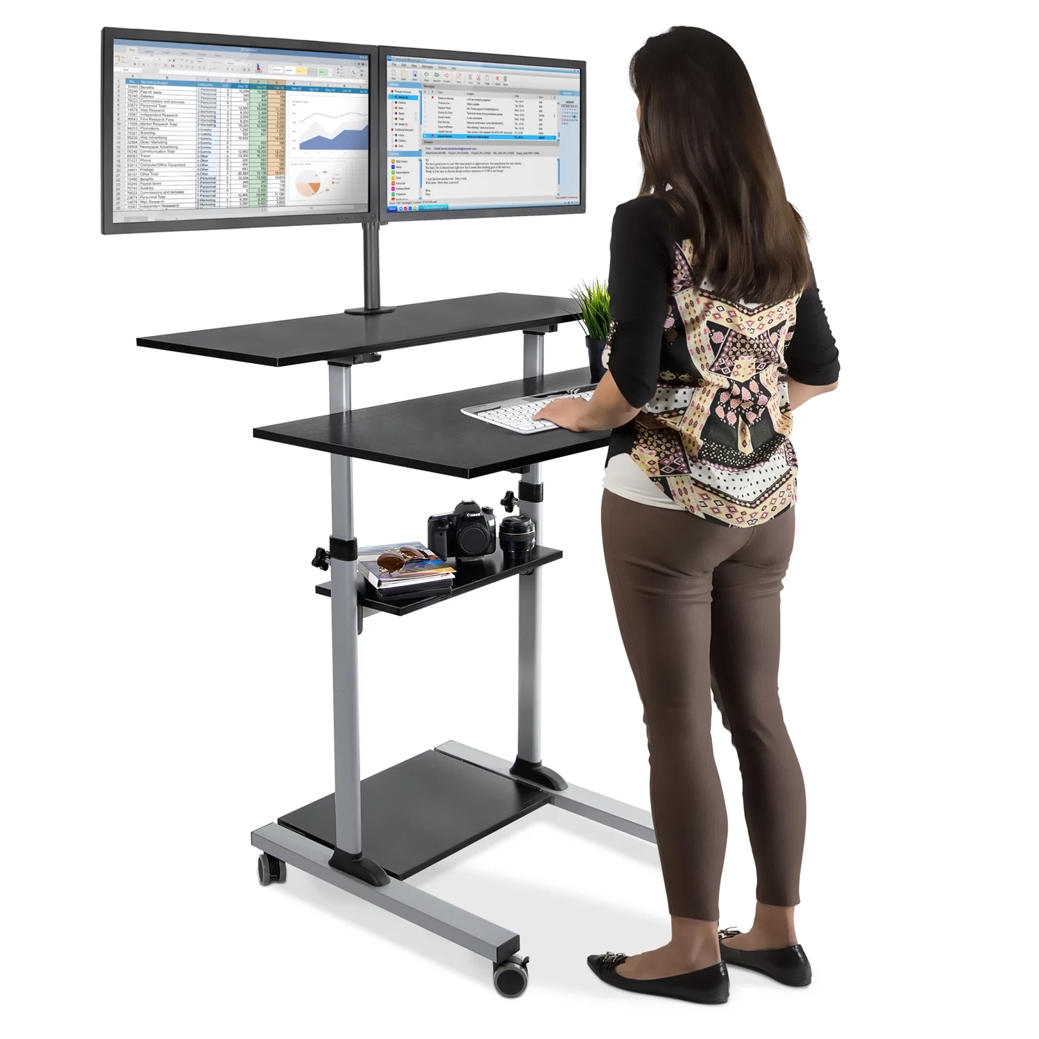 Mount-It! Extra Wide Mobile Standing Desk with Dual Monitor Mount | Rolling Computer Workstation