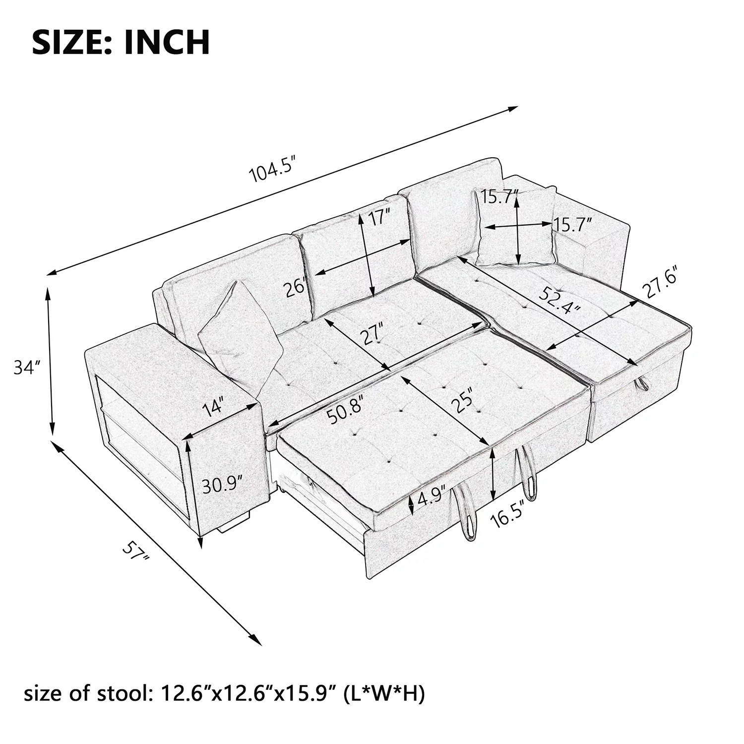 Churanty 104" Reversible Sectional Couch with Pull Out Bed,L Shape 3 Seat Sleeper Sofa with Storage Chaise and 2 Stools for Living Room,Knox Charcoal