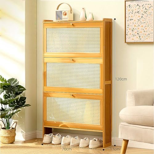Shoe Storage Shoe Storage Rack 3 Layers Nature Bamboo Shoe Cabinets Hallway Slim Freestanding Shoe Cupboard Organiser with Rattan Pull Down Doors