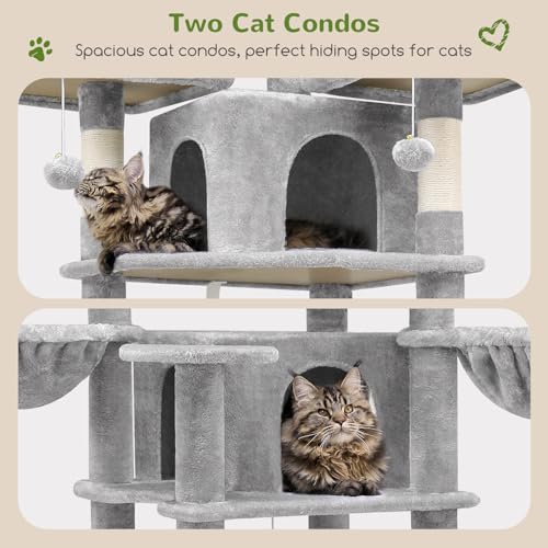 Globlazer Big Cat Tower for Indoor Cats, 80inch Cat Tower for Multiple Adult Cats XXL Cat Tree with Scratching Post, Hammock, 3 Perches, 2 Condos, 2 Hanging Basket, F80, Light Grey