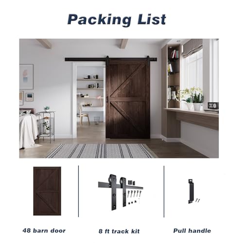 FREDBECK 36in x 84in Brown Barn Door with 6.6ft (79inch) Barn Door Hardware Track Kit and Handle Included, Double Surfaces,Simple Assembly is Required,K-Frame,Coffee