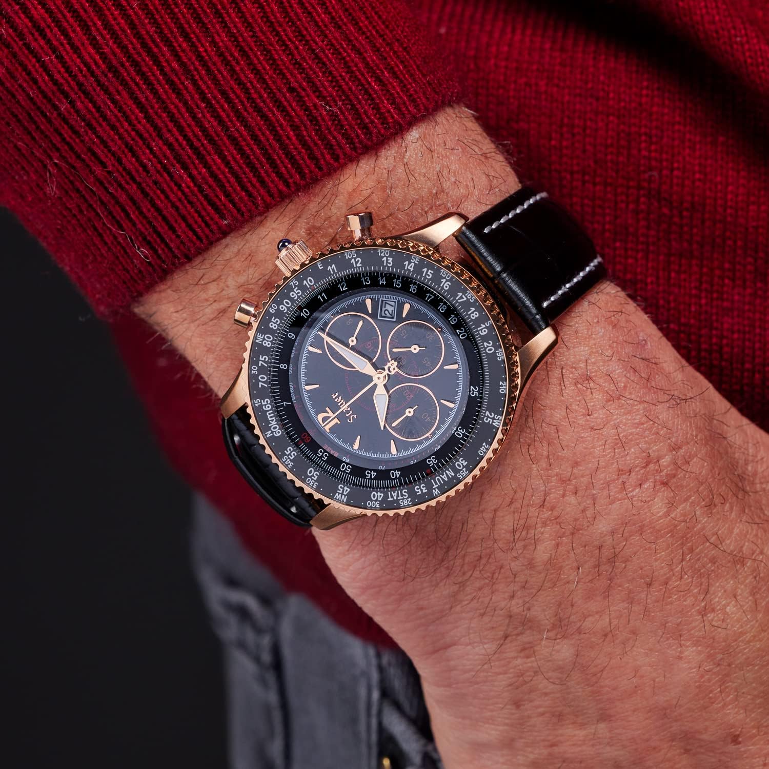 Stauer 1916 Midnight Flyboy Watch for Men – Vintage Style Chronograph Watch – Genuine Crocodile-Embossed Black Leather Watch Band – Stainless Back & Rose Gold Watch Case – Elegant Present for Men