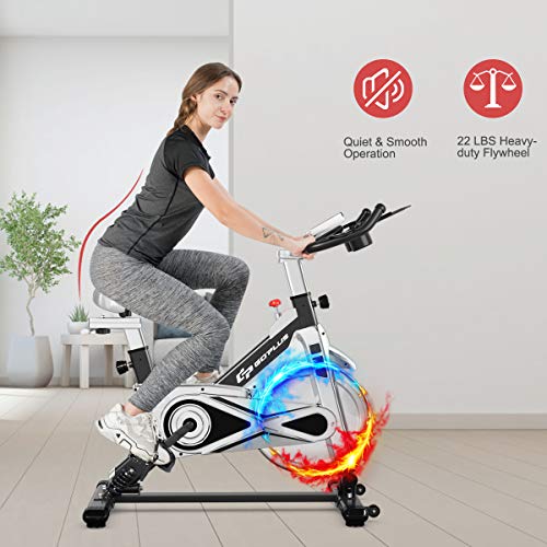 Goplus Adjustable Exercise Bike, Stationary Silent Bicycle with Dual-Spring Shock Absorption Design, Real-time Heart Rate, Cup/Phone Holder and Electronic Display, Indoor Cycling Bike