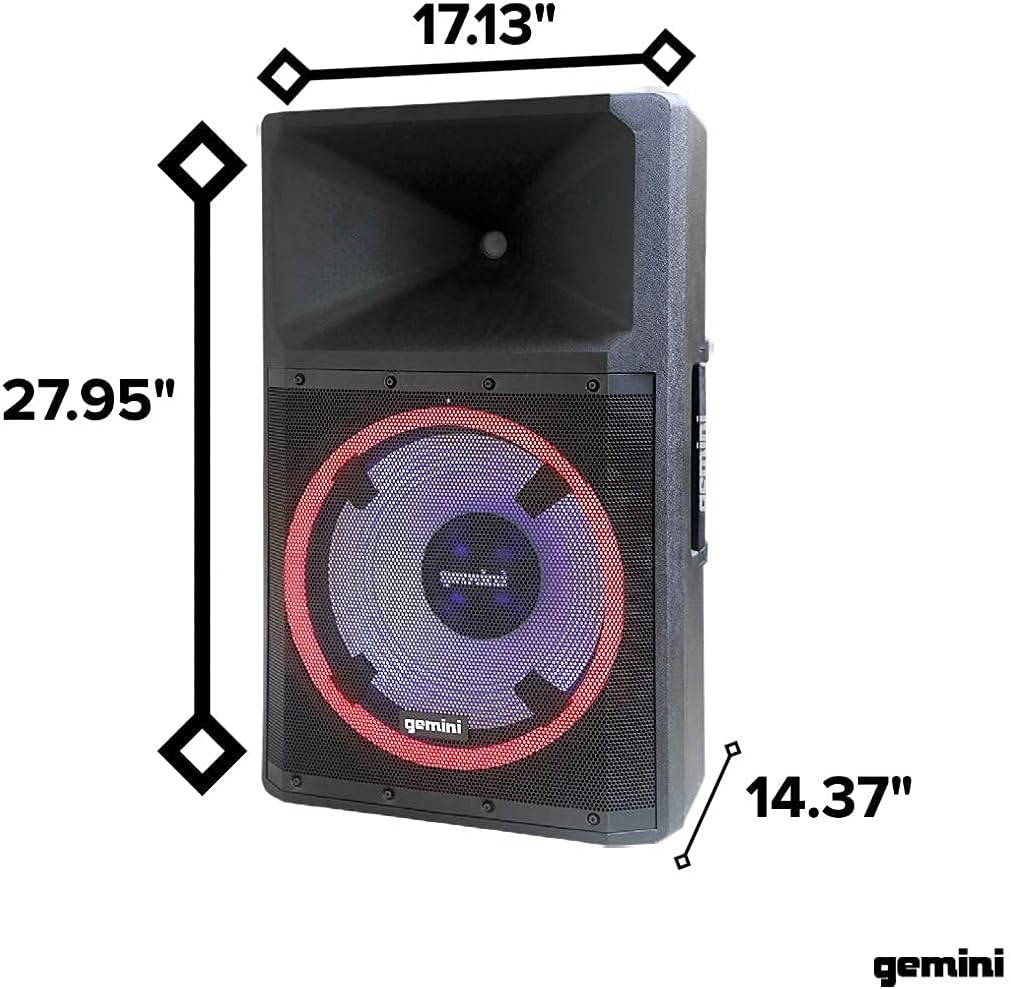 Gemini Sound GSP-L2200PK Indoor Outdoor Ultra Powerful Bluetooth 2200W Watts Peak Speaker, 15 Inch Woofer, LED Party Lights, Built in Media Player, FM Radio, USB/SD Card/Microphone, Speaker Stand