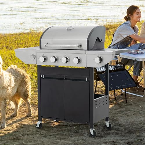 4 Burner Gas Grill with Side Burner, Stainless Steel Propane Grill 46700 BTU Output, Gas BBQ Grill Built in Thermometer, Cabinet Style, Ideal For Outdoor Patio Garden Picnic Backyard Cooking