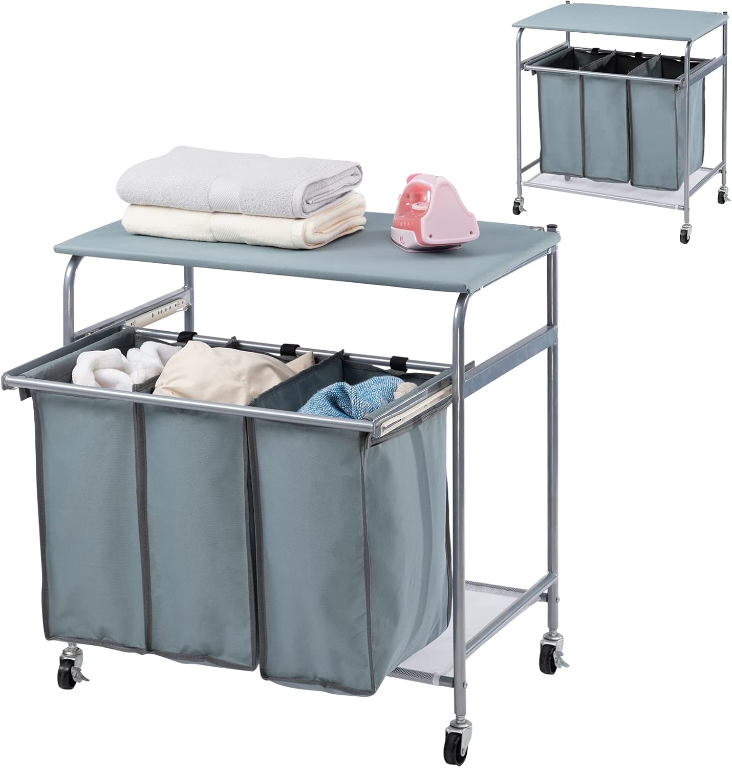 ALIMORDEN Laundry Sorter Cart with Side Pull 3-Bag Ironing Board Heavy-Duty 4 Wheels Laundry Hamper Grey