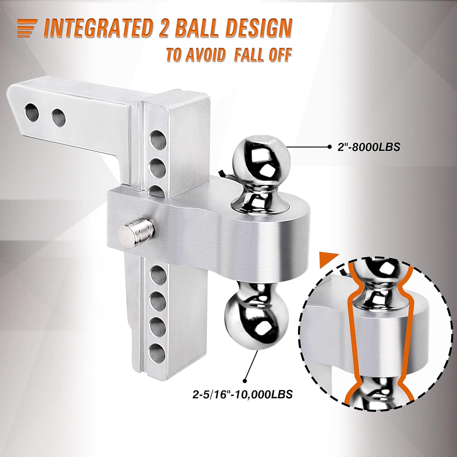 TOLEAD Adjustable Trailer Hitch Ball Mount - 2 Inch Receiver Hitch, 8 Inch Drop/Rise, 2 & 2-5/16 Inch Dual Towing Balls Whith Double Pin Key Locks,12,500 lbs GTW