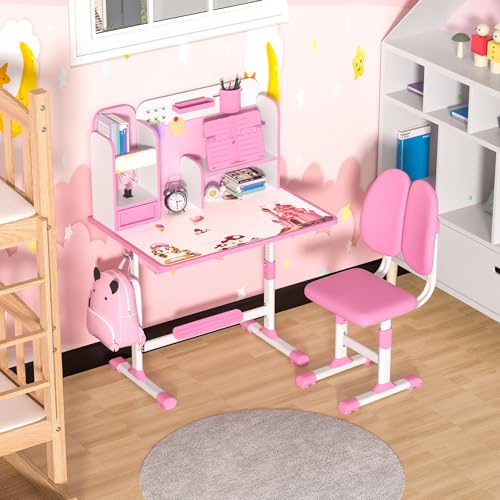 Kids Desk and Chair Set,Height Adjustable Children School Study Table and Chair Set with Sitting Corrector,Desk Chair with Book Stand, Foot Pedal, Partition Design Student Writing Table Desk