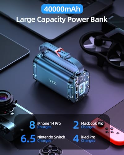 YKZ 100W Laptop Portable Charger 40000mAh, Waterproof Big Power Bank with Digital Display 5 Modes Lighting, USB C PD Battery Pack for Outdoor Camping Road Trips and Emergency Home Backup