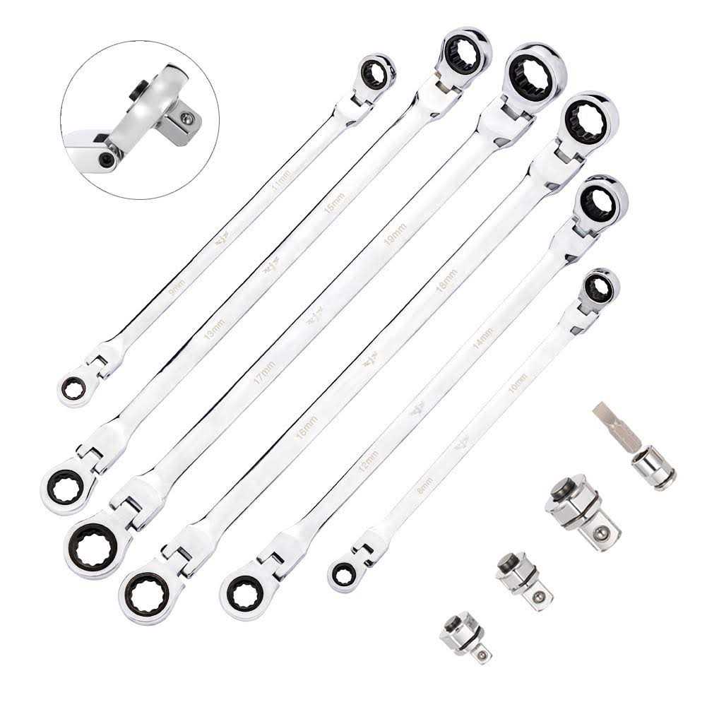 BULLTOOLS 6-Piece Flex-Head Extra Long Ratcheting Wrenches Double Box End Chrome Vanadium Steel 72-Tooth Wrench Set with Metric 8mm - Shop Hardware Tools Online Store