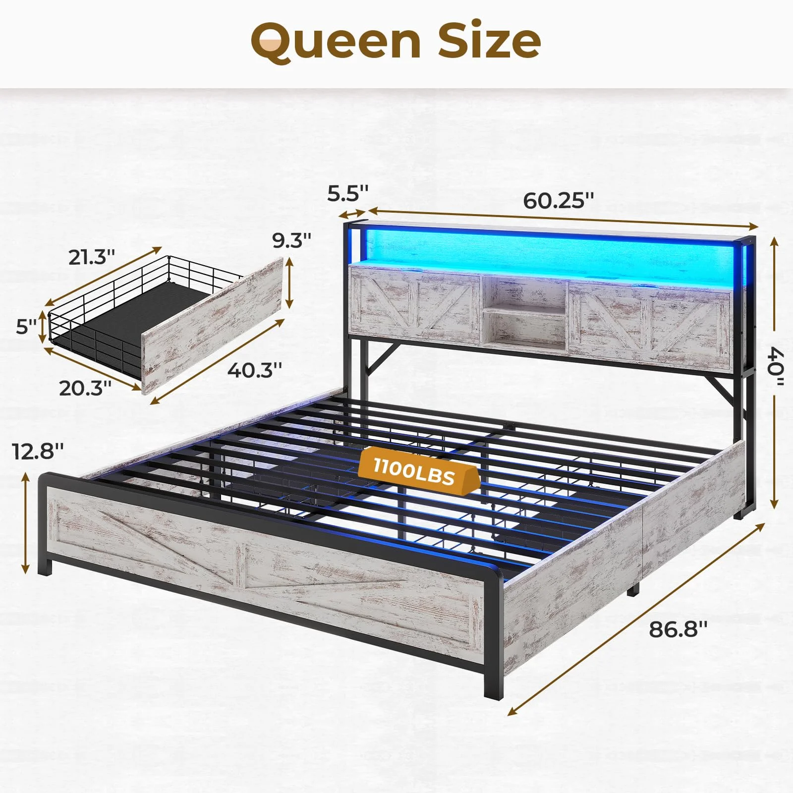 Queen LED Bed Frame with Charging Station and 4 Drawers, Metal Platform Bed Frame with Hidden Storage Headboard, No Box Spring Needed, Old White - Curated Treasures Market