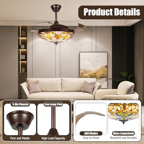 42 Inch Tiffany Style Ceiling Fan Stained Glass Ceiling Fan Retractable Ceiling Fan with Light and Remote Control 3 Speed, 3 Lighting Color Setting for Bedroom, Living and Dining Room