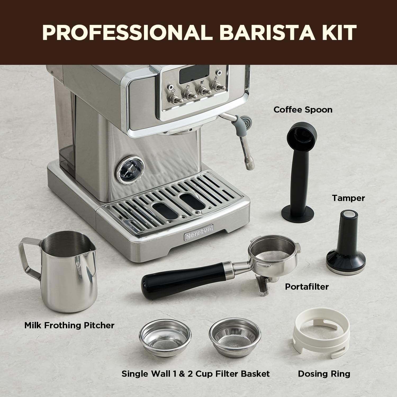 Neretva Espresso Machine, 15 Bar LCD Display Espresso Maker Manual&Auto Mode Stainless Steel Espresso Coffee Machines with 60oz Water Tank&Milk Frother for Home Barista, Latte and Cappuccino Machine