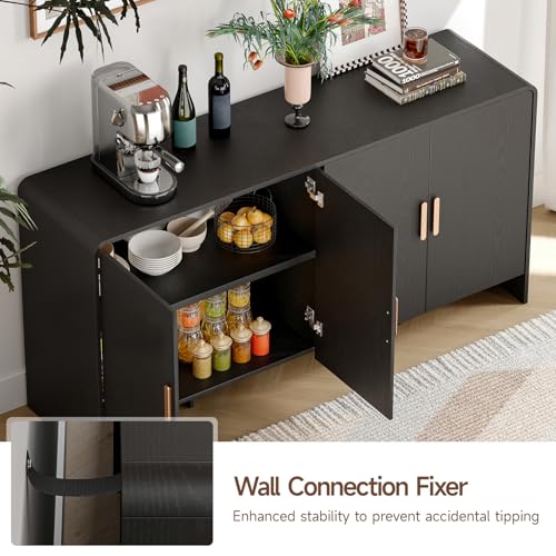 60" Sideboard Buffet Cabinet with Storage, Curved Design Farmhouse Coffee Bar Cabinet with 4 Doors & Adjustable Shelves for Living Room, Kitchen, Hallway, Walnut