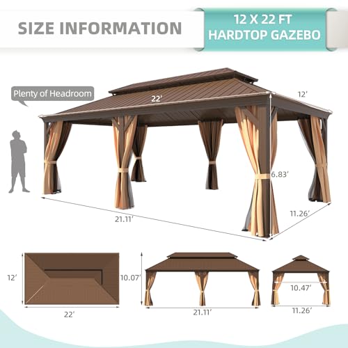 MELLCOM 12'x16' Hardtop Gazebo, Galvanized Steel Metal Double Roof Canopy with Curtains and Netting, Brown Permanent Pavilion Gazebos with Aluminum Frame for Garden, Patio, Lawns, Deck