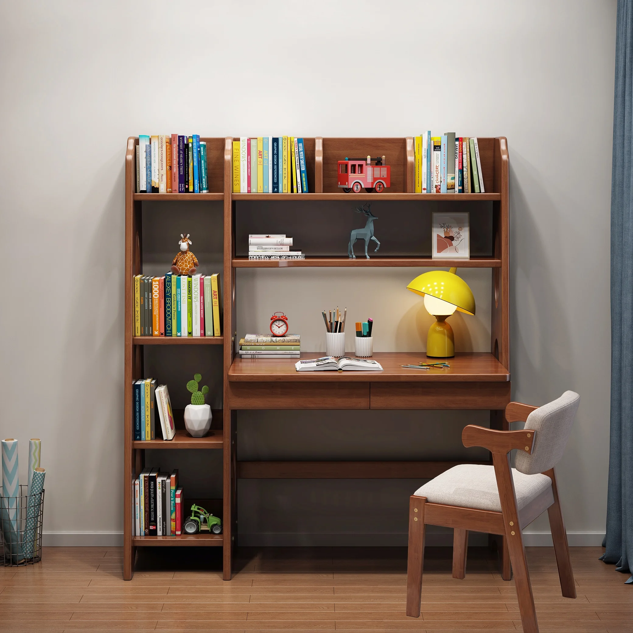 BALANBO Kid's Desk Kid's Table and Chair Set with Drawers and Bookshelf Wooden Kid's Media Desk Student Learning Computer Workstation and Writing Desk (Brown)