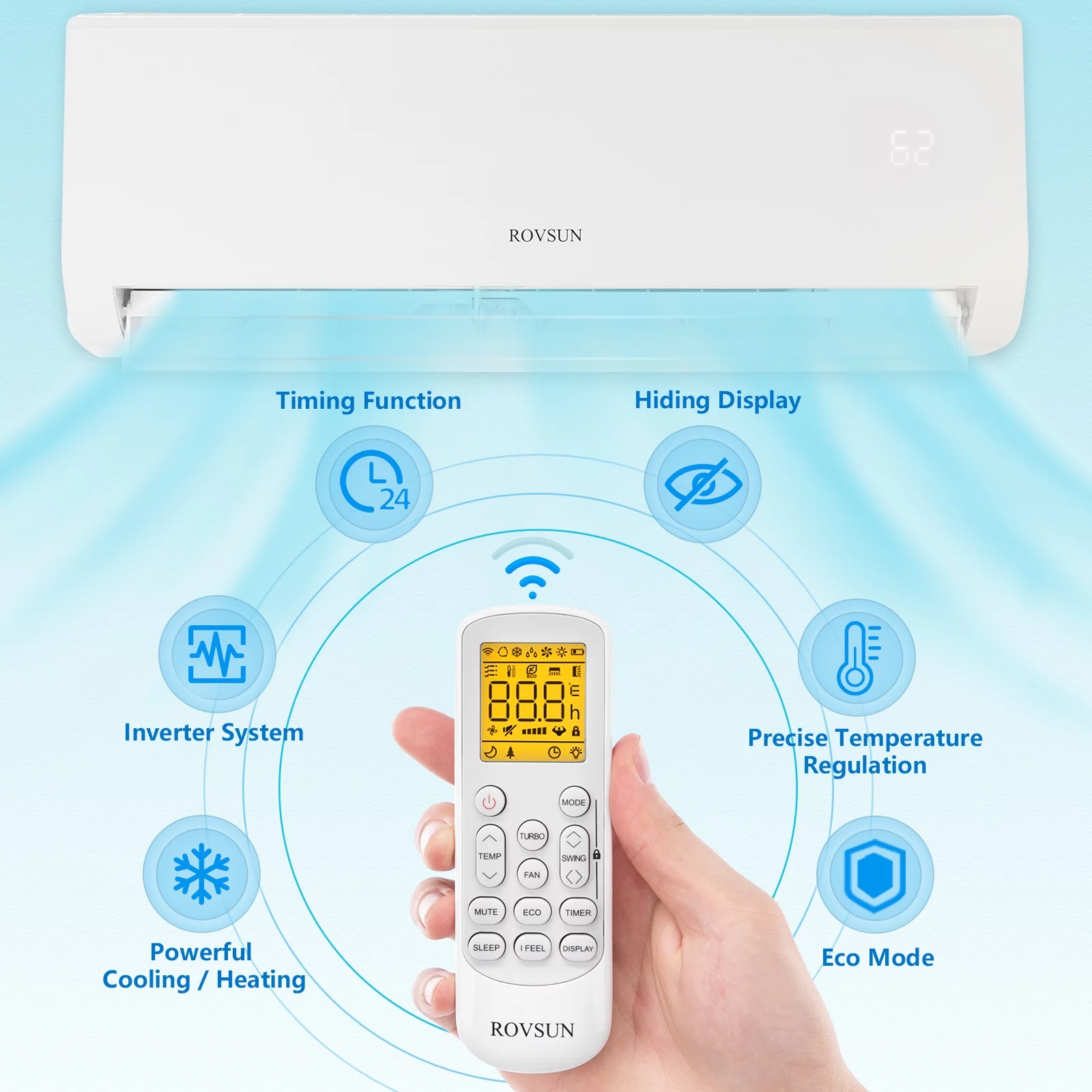 ROVSUN 9,000 BTU Mini Split AC/Heating System with Inverter, 19SEER 115V Energy Saving Ductless Split-System Air Conditioner with Pre-Charged Condenser, Heat Pump, Remote Control & Installation Kit
