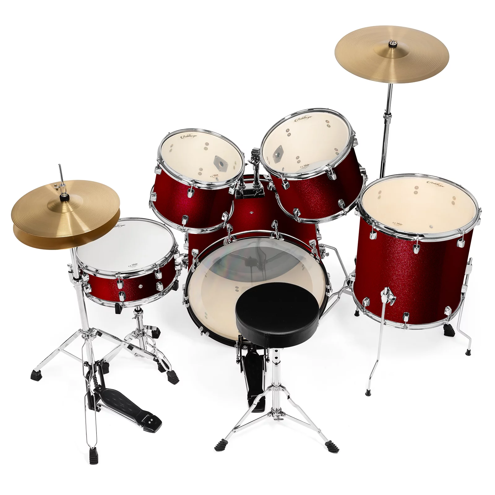 Ashthorpe 5-Piece Full Size Adult Drum Set with Remo Heads and Premium Brass Cymbals Complete Professional Percussion Kit, Chrome Hardware, Red - Curated Treasures Market