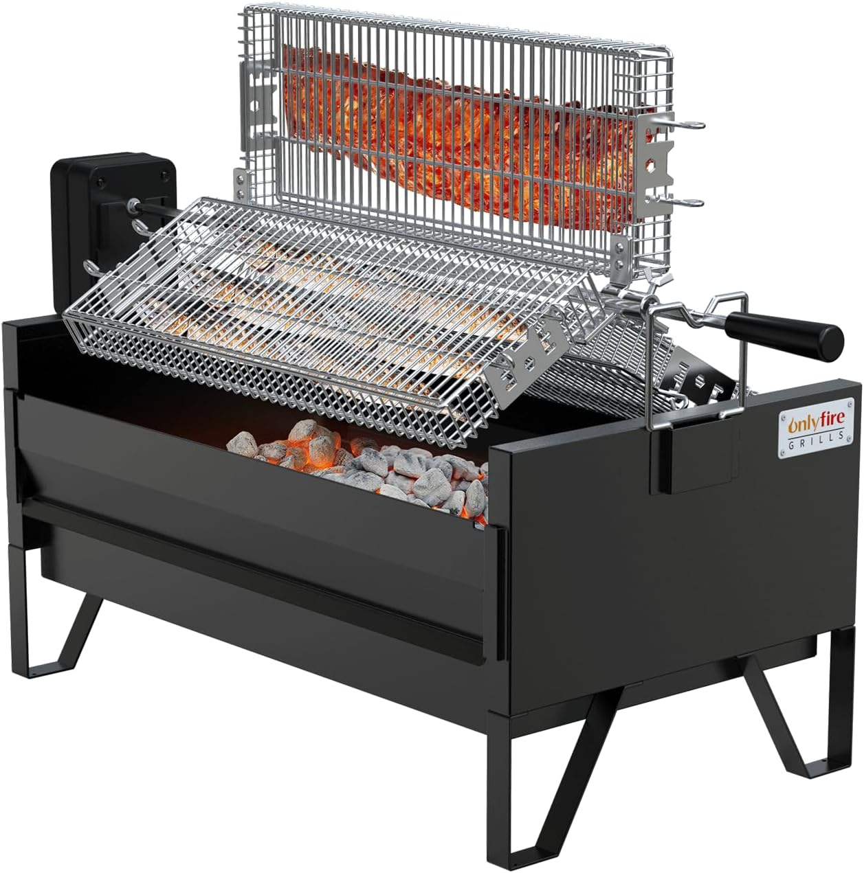 Onlyfire 2 IN 1 Charcoal Grill Rotisserie Kit with 3 Stainless Steel Rotating Baskets and 24 In Grill Grate, Auto Swivel BBQ Roasting Machine for Outdoor Patio Backyard, Multi-functional Camping Grill