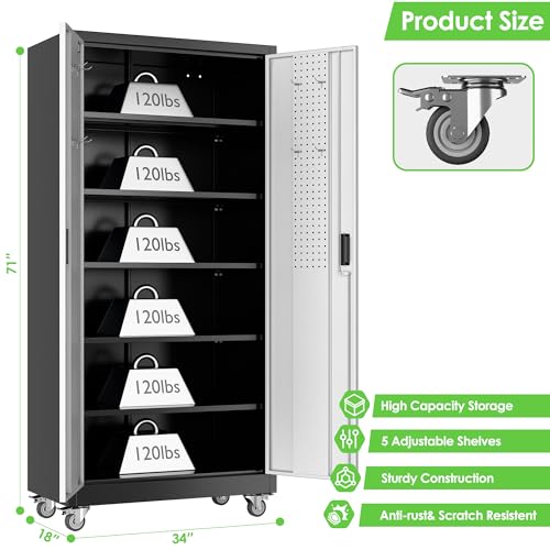 Aobabo 71" H×34" W×18" D Garage Metal Storage Cabinet with Wheels, Locking Steel Storage Cabinet with 5 Shelves and 4 Hooks, for Home Office, School, Assembly Required, Black Silver