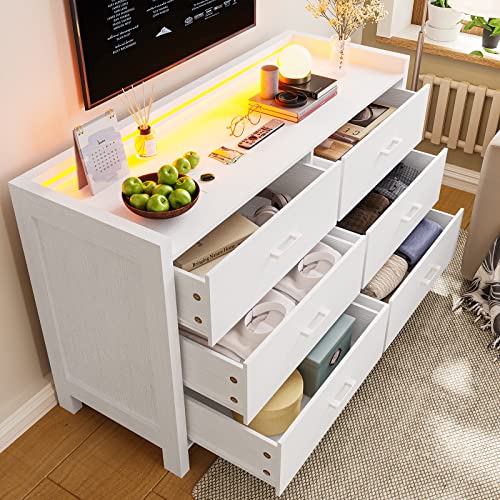 Dresser for Bedroom, 6 Drawer Double Dresser with LED Lights, Wood Chest of Drawers, Modern Storage Dresser for Bedroom, White (NSL02N)