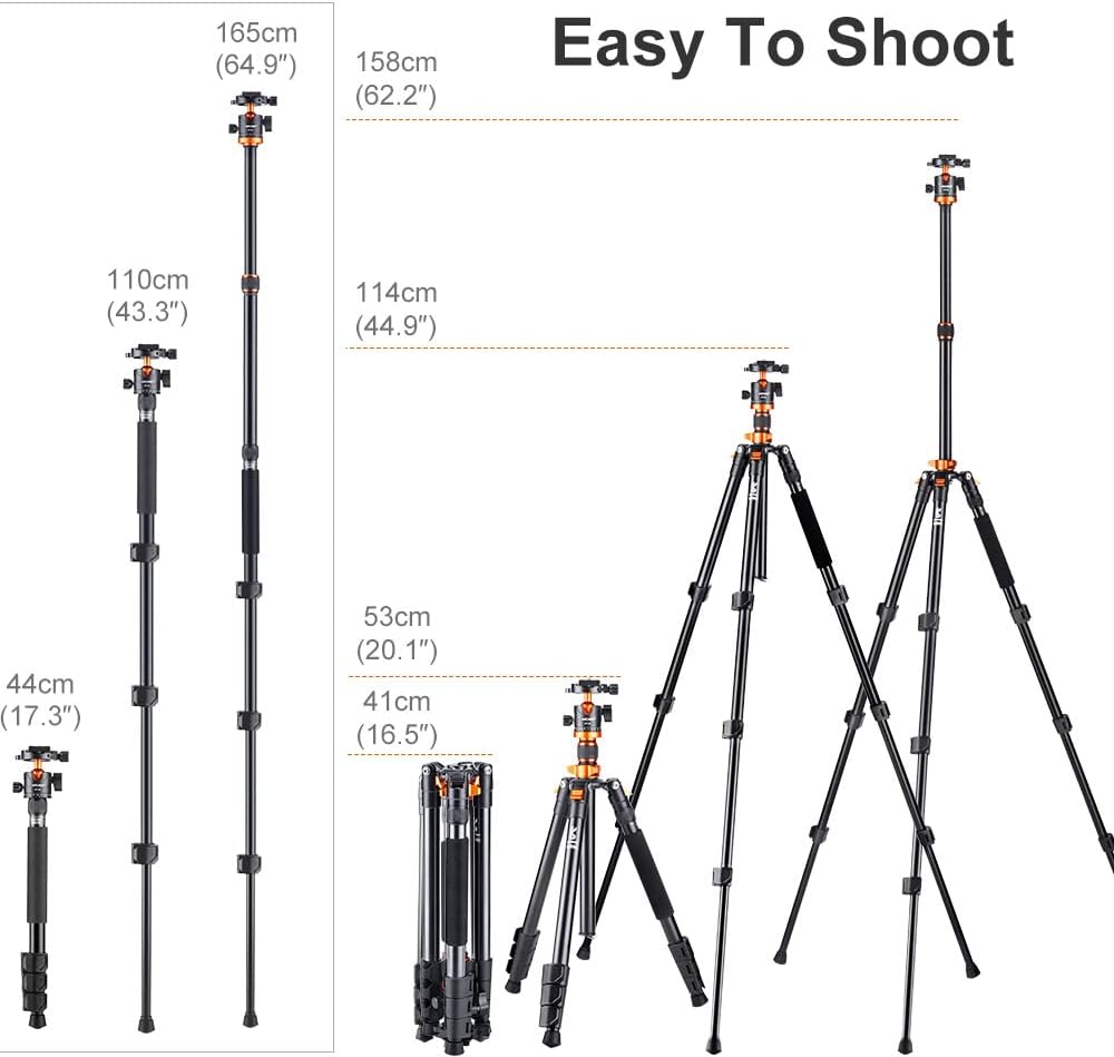 K&F Concept 62 inch DSLR Camera Tripod,K254A1+BH-28L (SA254M1) Lightweight and Compact Aluminum Detachable Monopod Tripod with 360 Panorama Ball Head Quick Release Plate for Travel and Work