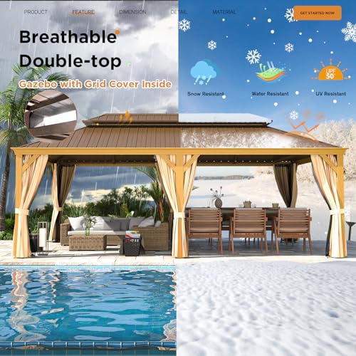 EROMMY 14'x20' Hardtop Gazebo Double Roof Galvanized Steel Canopy Outdoor Aluminum Frame Permanent Metal Pavilion with Netting and Curtains for Patio Backyard Deck and Lawns