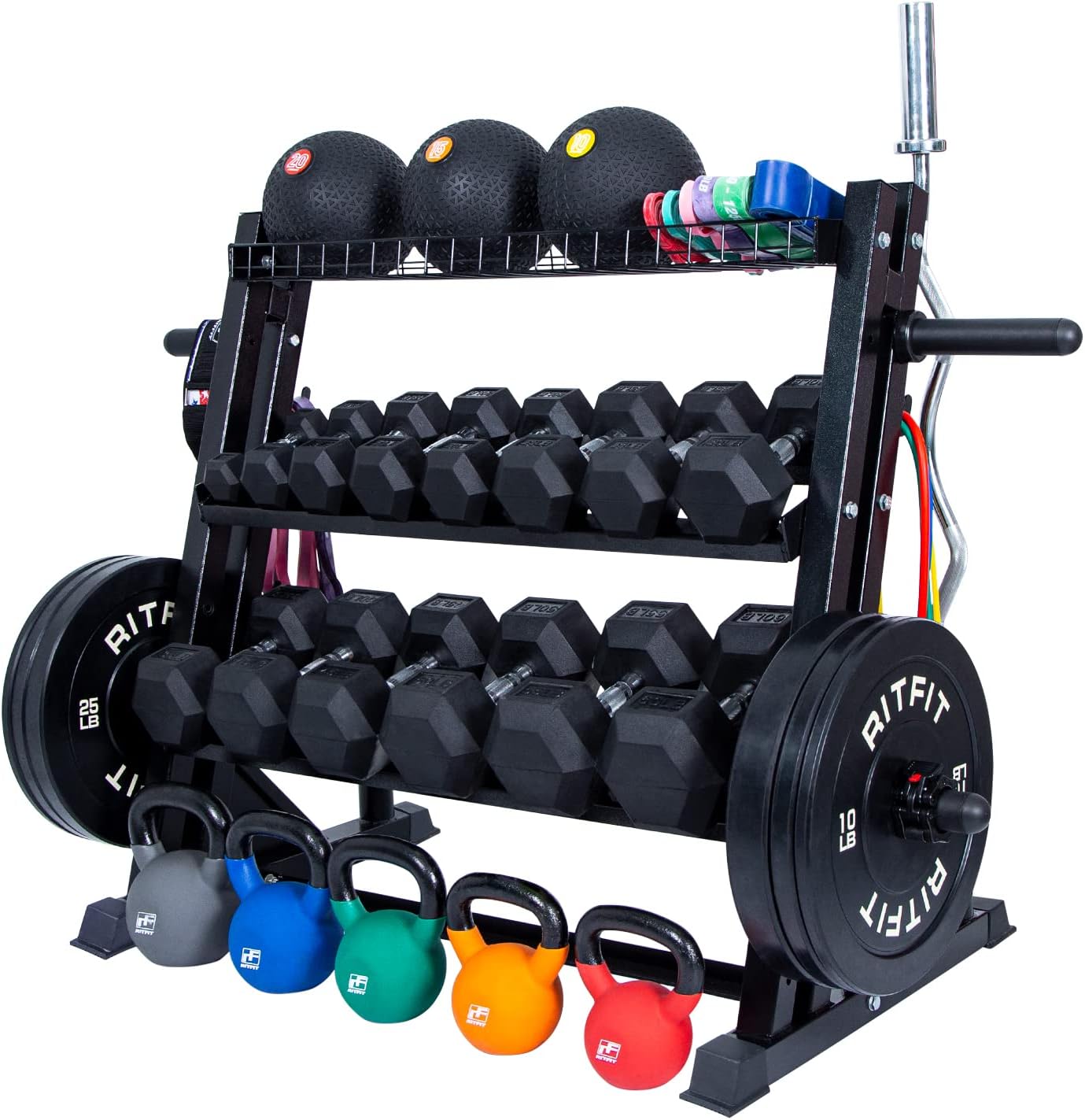 RitFit Multifunctional 3-Tile Dumbbell Rack, All-in-One Weights Storage Rack, Updated Multilevel Storage for Home Gym, 1000 LB Capacity
