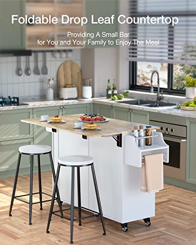 Kitchen Island with Drop Leaf and Storage, on Wheels Two Drawers, Large Storage Cabinet, Towel Rack Spice Cart Brown