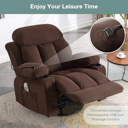 Massage Recliner Chair, Swivel and Rocking Recliner with Heat and Vibration, Breathable Fabric Ergonomic Single Sofa Chair for Living Room with Cup Holders, Side Pockets and USB