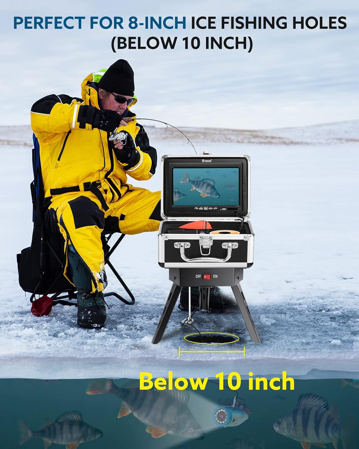 Eyoyo Underwater Fishing Camera Positioner 360° Degree Rotation Tripod for Ice Fishing w/ Remote Control Metal Housing, Applicable to Ice Holes Smaller Than 10 inch