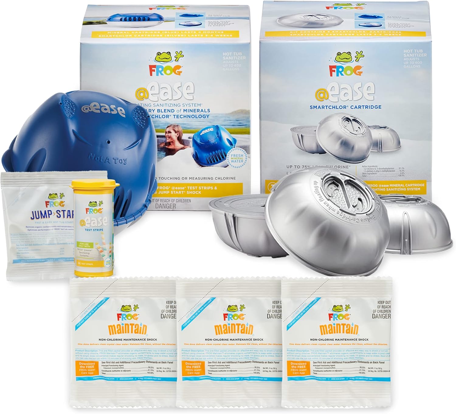 FROG® @Ease® Floating System + 3 Pack of SmartChlor® Replacements + 3 FROG Maintain® Non-Chlorine Shock Treatments for Hot Tubs
