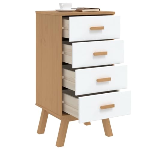 Bedside Cabinet White and Brown Solid Wood Pine,Modern, White and Brown Wooden Bedside Table with Drawers for Ample Storage Bedroom Furniture