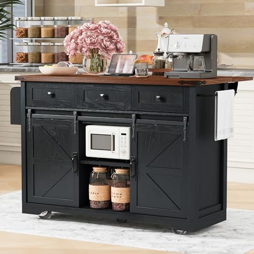 54.5" Farmhouse Kitchen Island with Drop Leaf,Storage Cabinet Island on Wheel,Rolling Home Cart Breakfast Bar Table with Power Outlet, 3 Drawer, Spice Rack