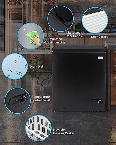 3.5 Cu Ft Chest Freezer, Compact Freezer with 7 Level Adjustable Temperature,Top Open Door Freezer with Removable Storage Basket,Energy Saving Deep Freezer, Black