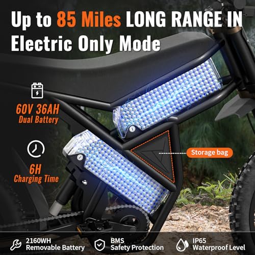 GT73 PRO/GT73 Electric Dirt Bike for Adults, 50MPH 60V 3000W / 37MPH 48V 2400W, 1747Wh/2160Wh Dual Battery Ebike Up to 85 Miles, 25" Motorcycle Tire, UL2849 All Terrain E Bike Full Suspension