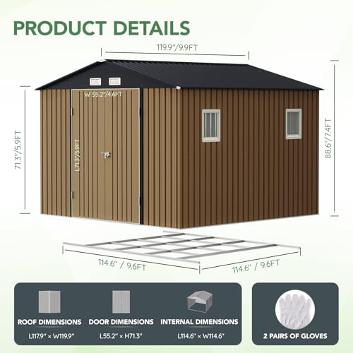 10X12X7.5 FT Outdoor Steel Storage Shed with Lockable Doors, 2 Windows, Transparent Roof Panels (Wood Panels & Frame Floor Not Included), Ideal for Patio Storage,Garbage Can, Chicken Coop，Brown