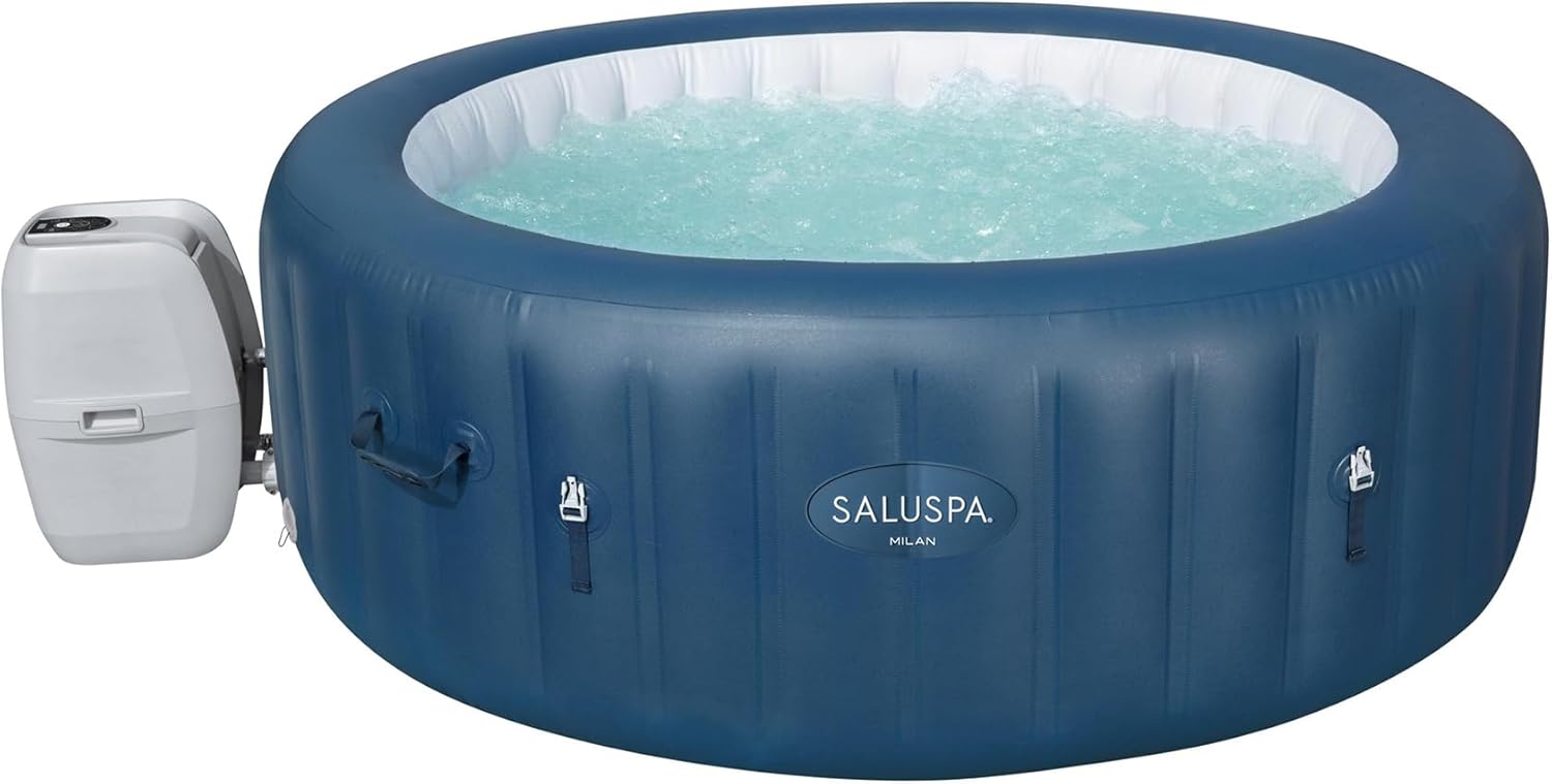 Bestway SaluSpa Milan AirJet 4 to 6 Person Inflatable Hot Tub Round Portable Outdoor Spa with 140 AirJets and EnergySense Energy Saving Cover, Blue