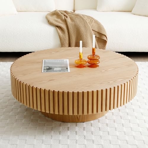 Walnut Wood Coffee Table 31.49" Round Handcraft Drum Coffee Table with Vertical Texture Relief Design Modern Circle Pedestal Tea Table Cocktail Table Center for Living Room,Apartment